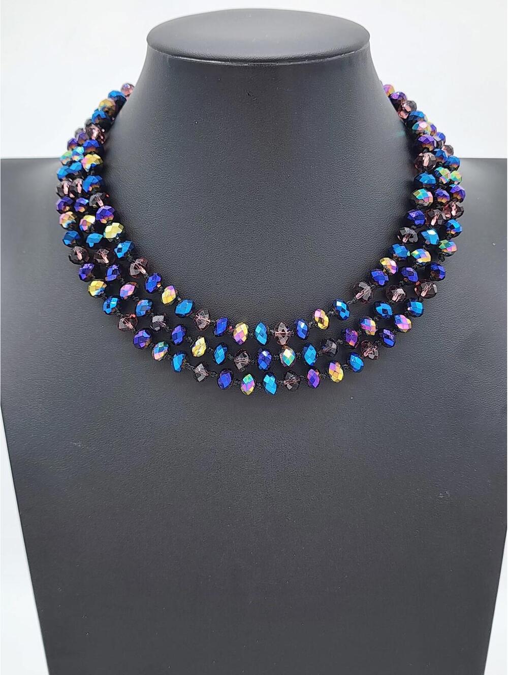 Purple Blue Peacock AB Glass Bead Necklace Hand Knotted Faceted Vintage 26"